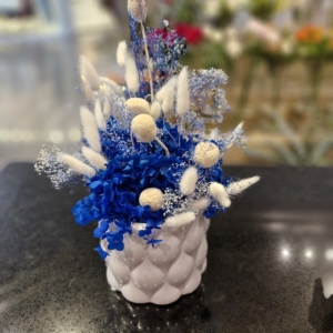 mixed preserved dark blue flowers with white